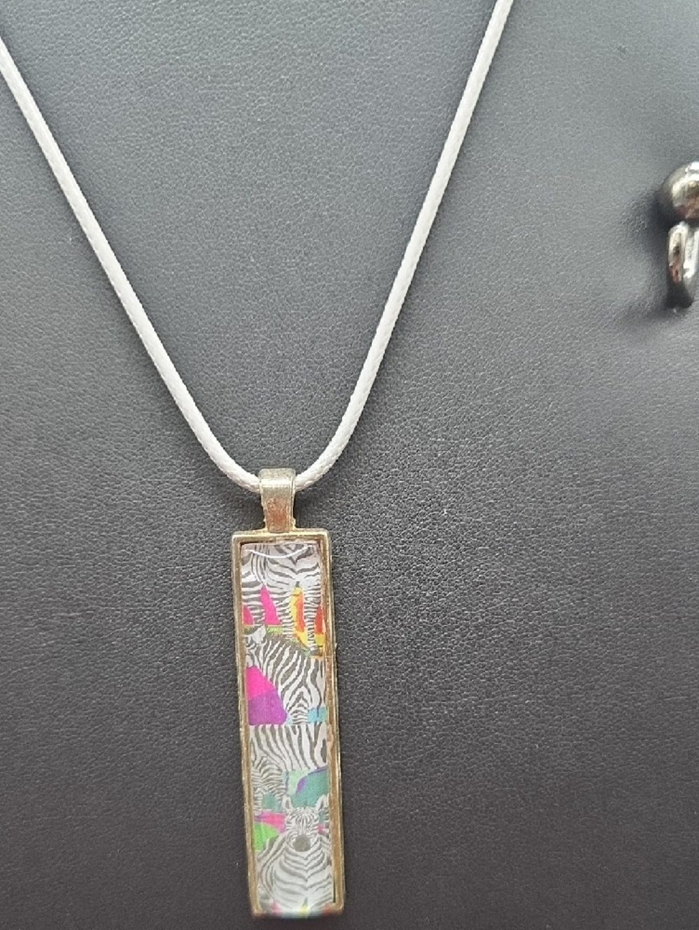 Hand Crafted | Silver Necklace w/Multicolor Rectangle | Glass Pendant - Picture 3 of 4